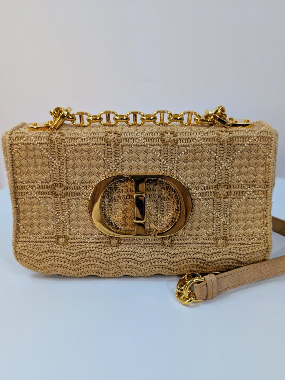 Christian Dior Natural Straw Raffia Woven Cannage Small Caro Flap Shoulder Bag